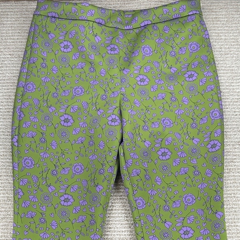 Cynthia Rowley The Bonded Flare Pant Womens 10 Green Purple Floral Retro Mod NWT - Picture 3 of 12